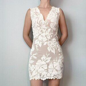 Ema Savahl Mini Dress, Hand-Painted, Ivory, Body Sculpting– Size XS